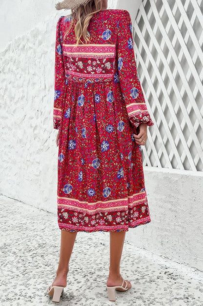 Cross Knot Floral Print Loose Fit V Neck Dress