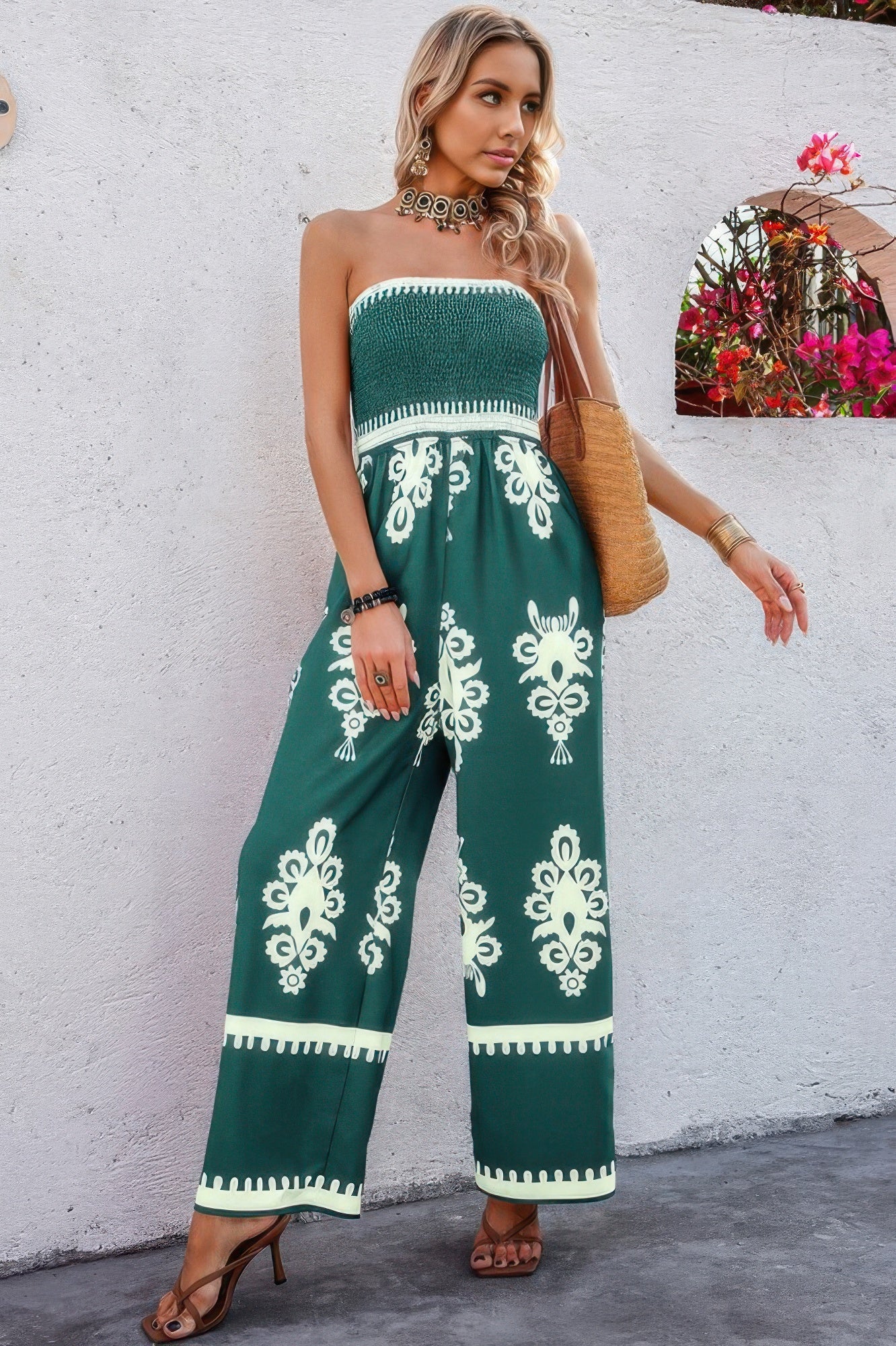 Off Shoulder Ruched Printed High Waist Jumpsuit