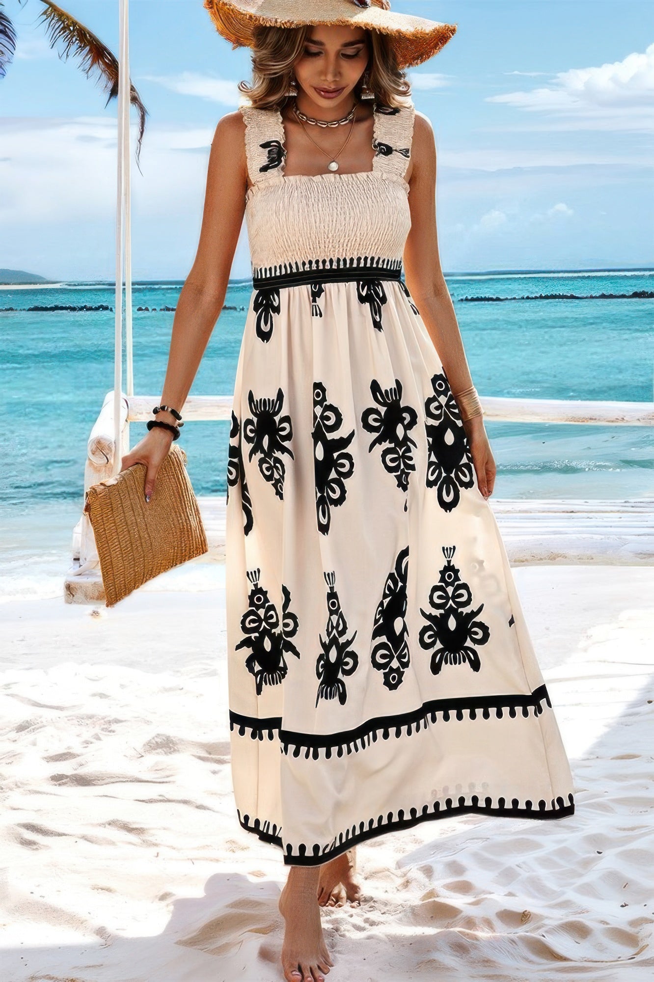 Sleeveless Square Neck A Line Smocked Shirred Dress