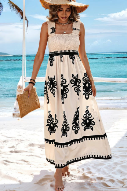 Sleeveless Square Neck A Line Smocked Shirred Dress