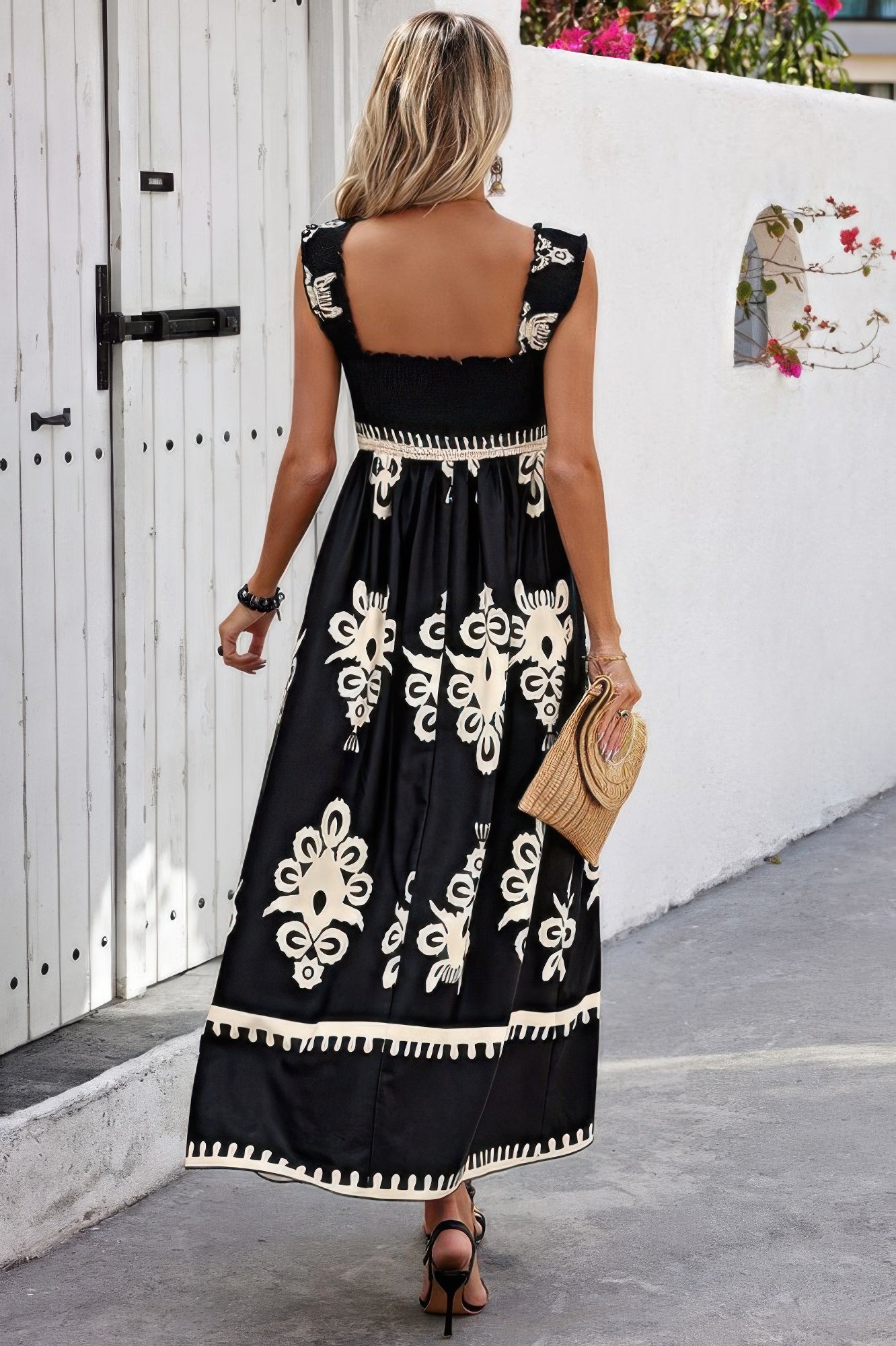 Sleeveless Square Neck A Line Smocked Shirred Dress