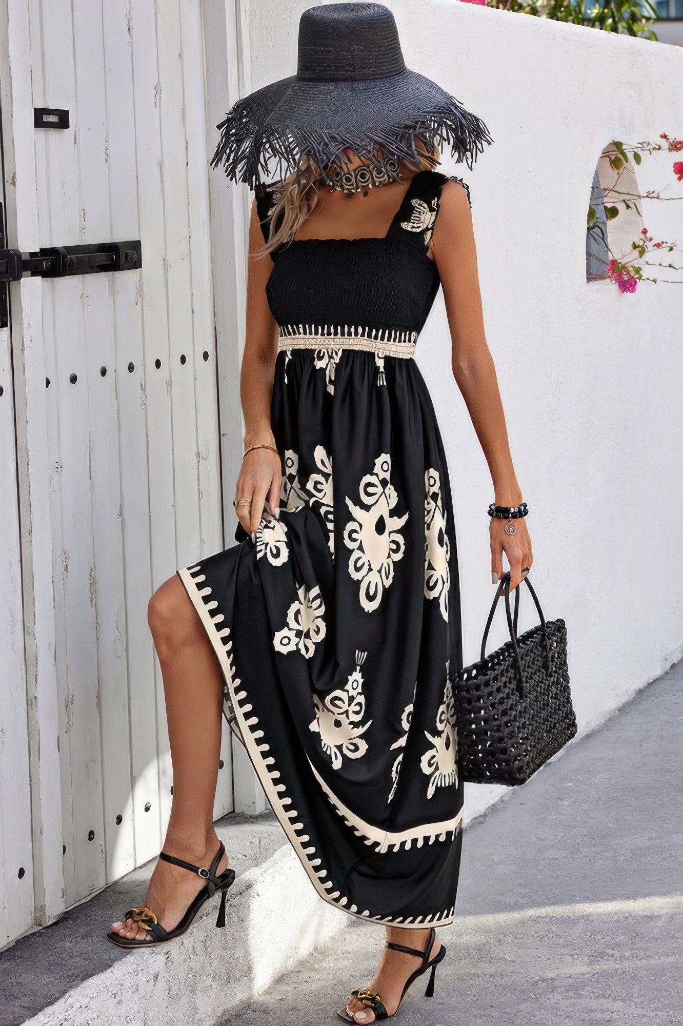 Sleeveless Square Neck A Line Smocked Shirred Dress