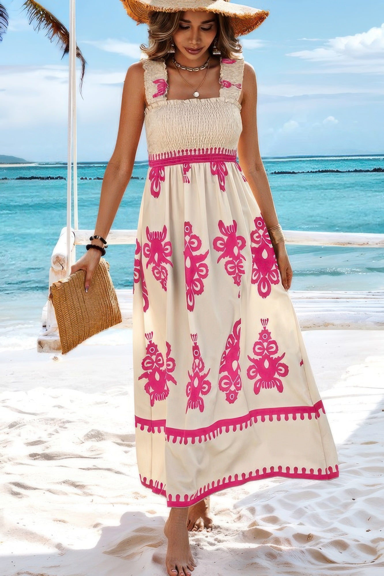 Sleeveless Square Neck A Line Smocked Shirred Dress