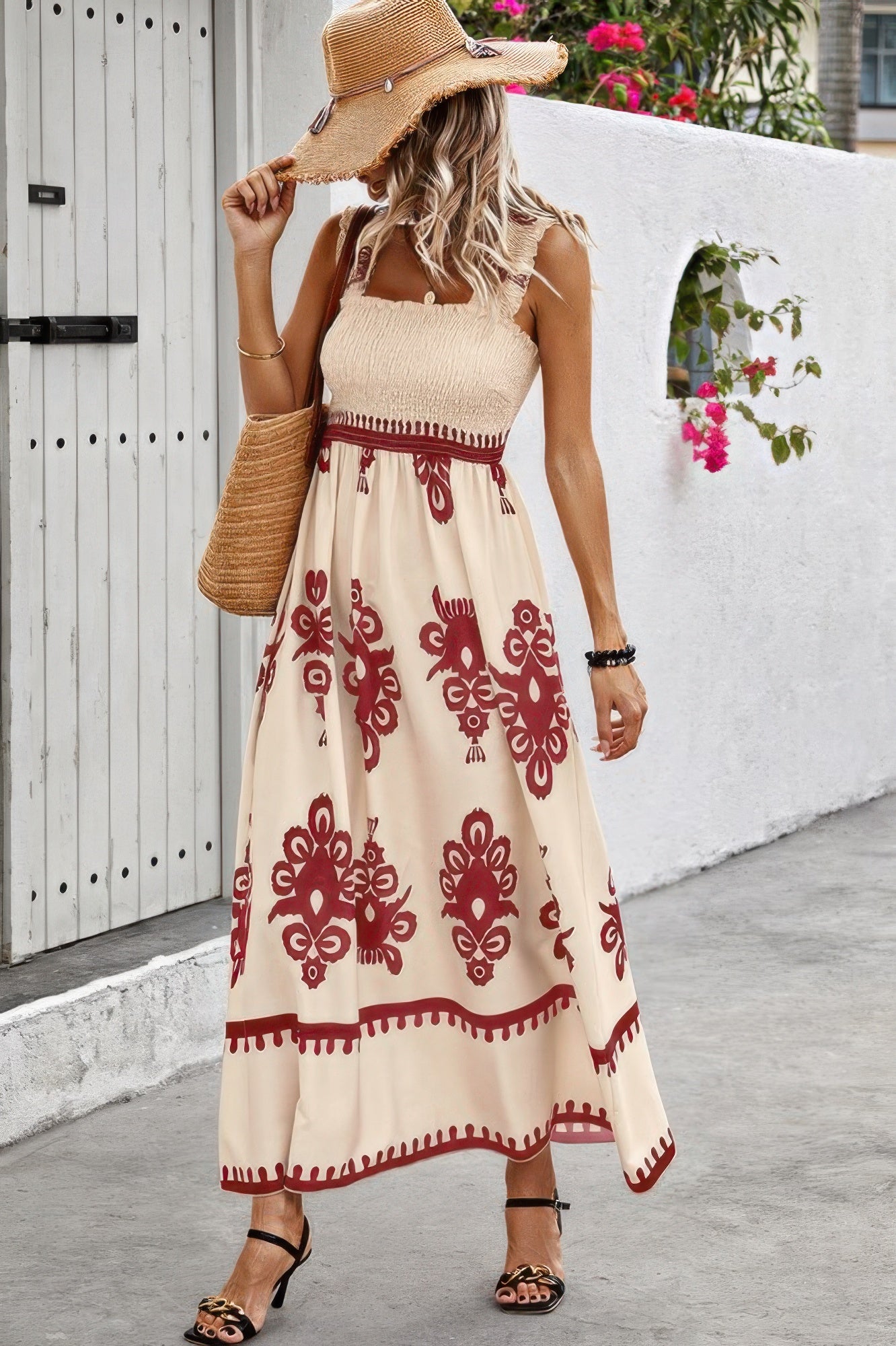 Sleeveless Square Neck A Line Smocked Shirred Dress