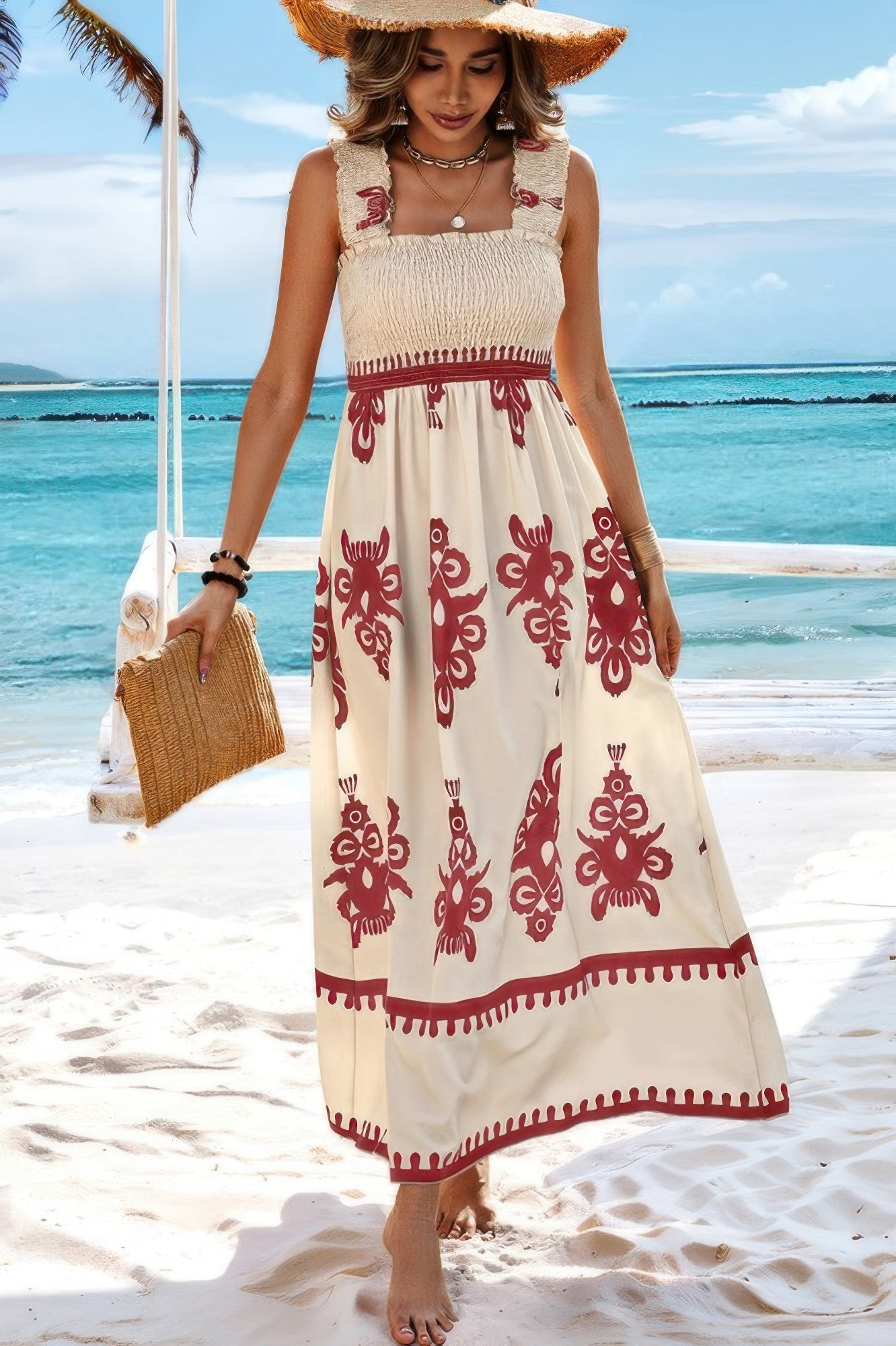 Sleeveless Square Neck A Line Smocked Shirred Dress
