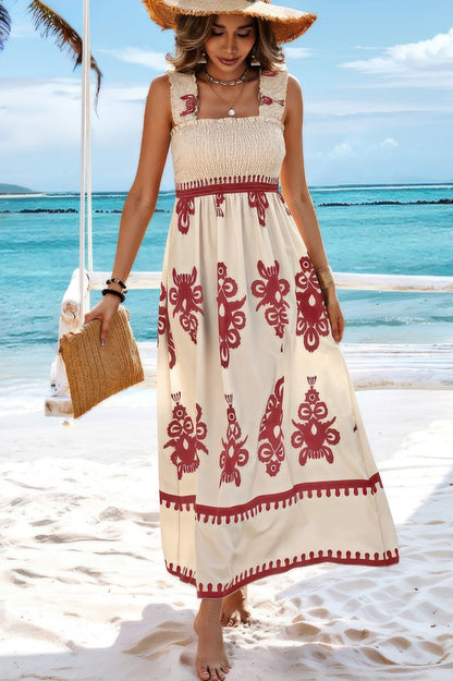 Sleeveless Square Neck A Line Smocked Shirred Dress