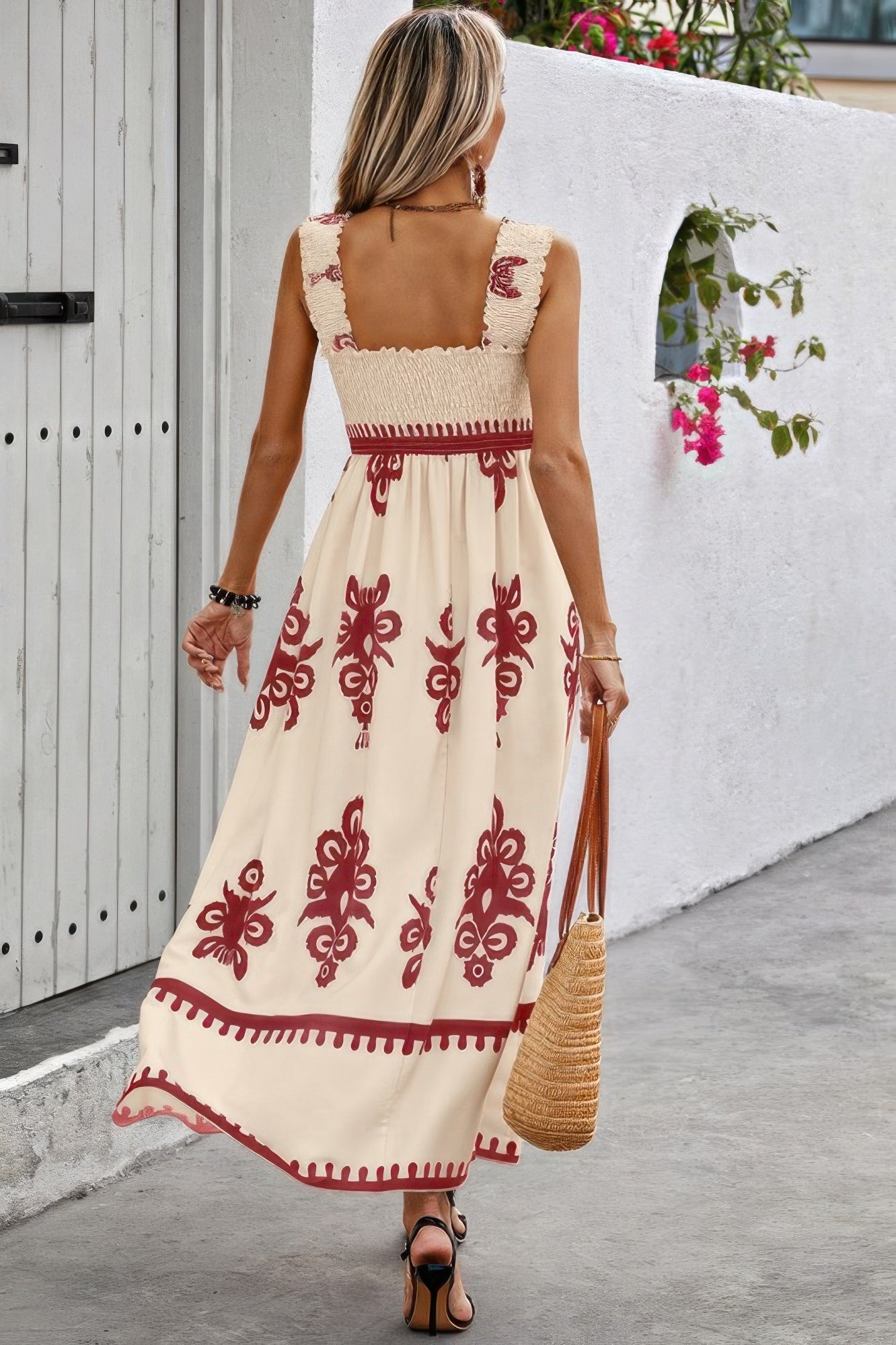 Sleeveless Square Neck A Line Smocked Shirred Dress