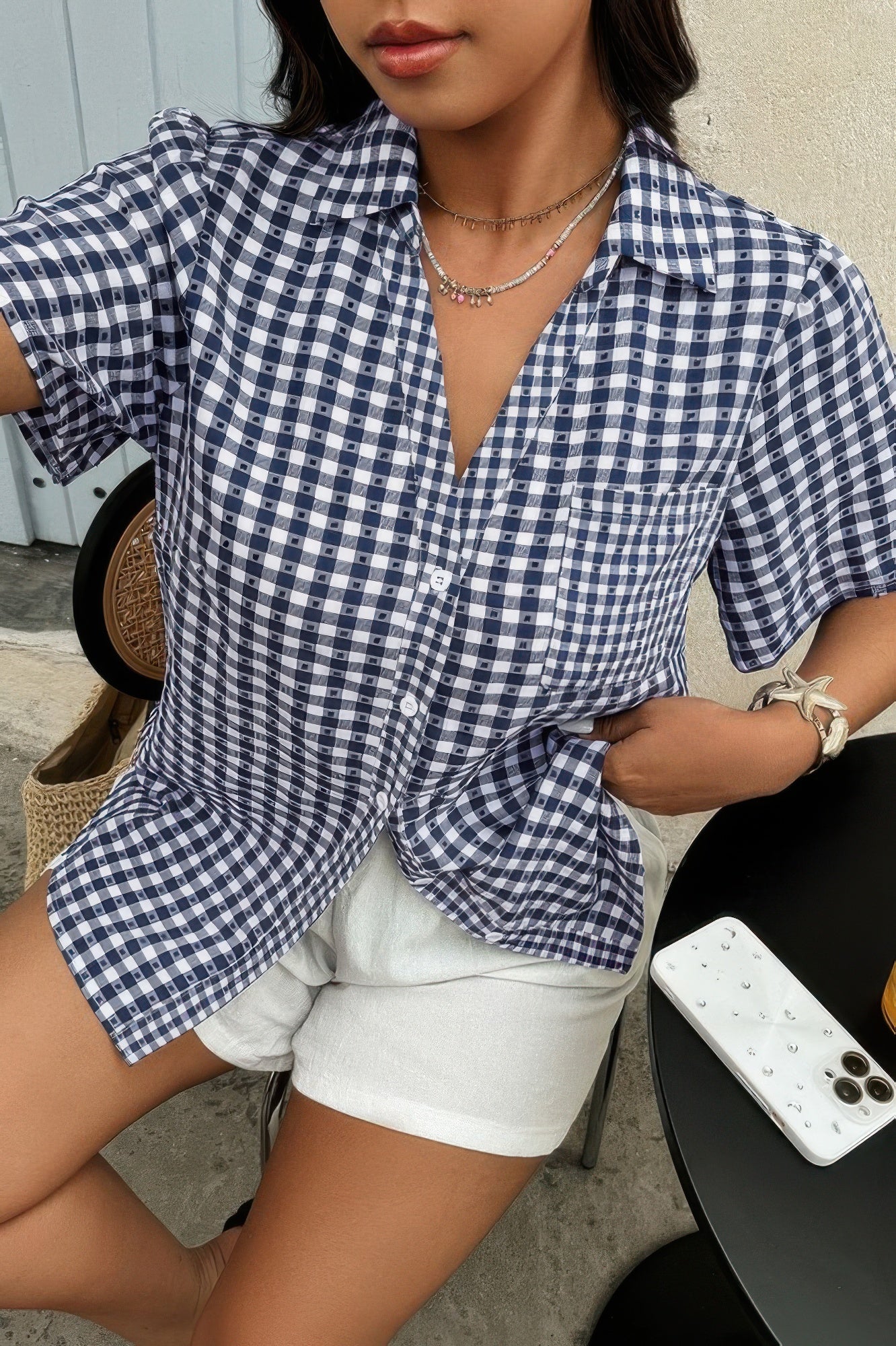 Plus Size Plaid Pocket Short Sleeve Loose Blouse