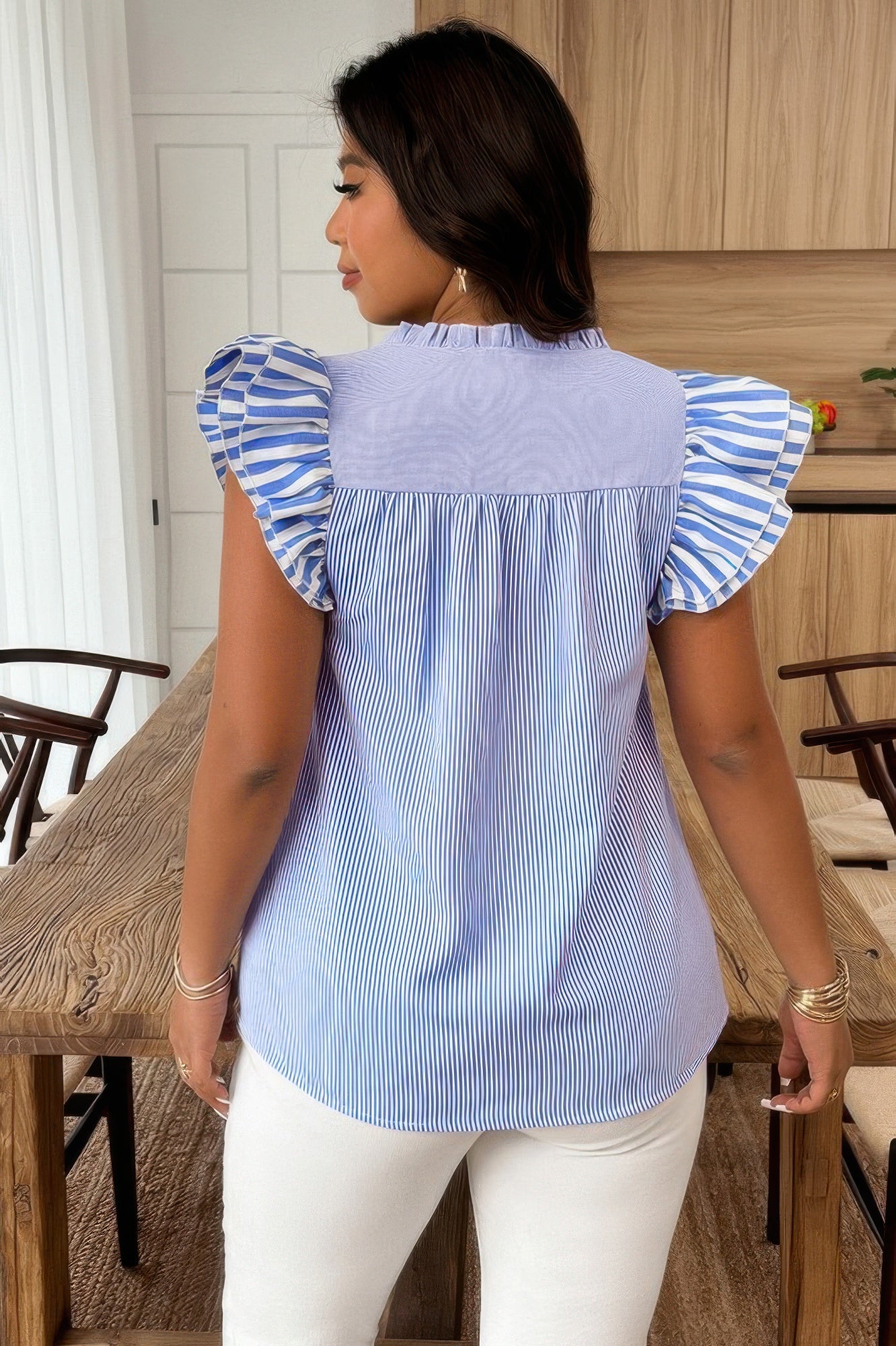 Plus Size Striped V Neck Flutter Sleeve Blouse