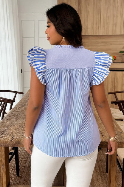 Plus Size Striped V Neck Flutter Sleeve Blouse