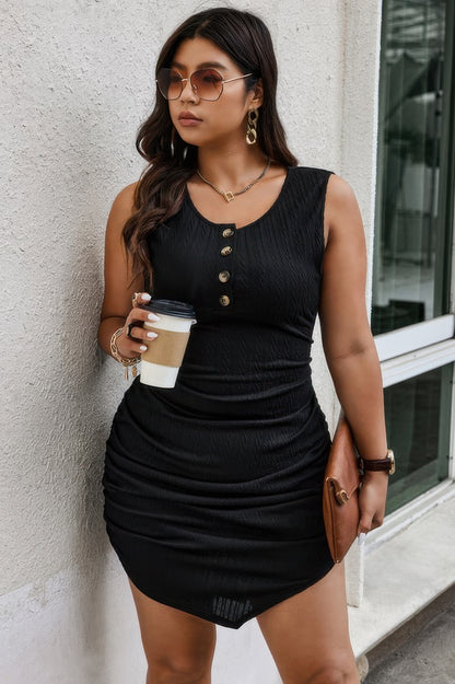 Plus Solid Button Down Sleeveless Pleated Fit Dress