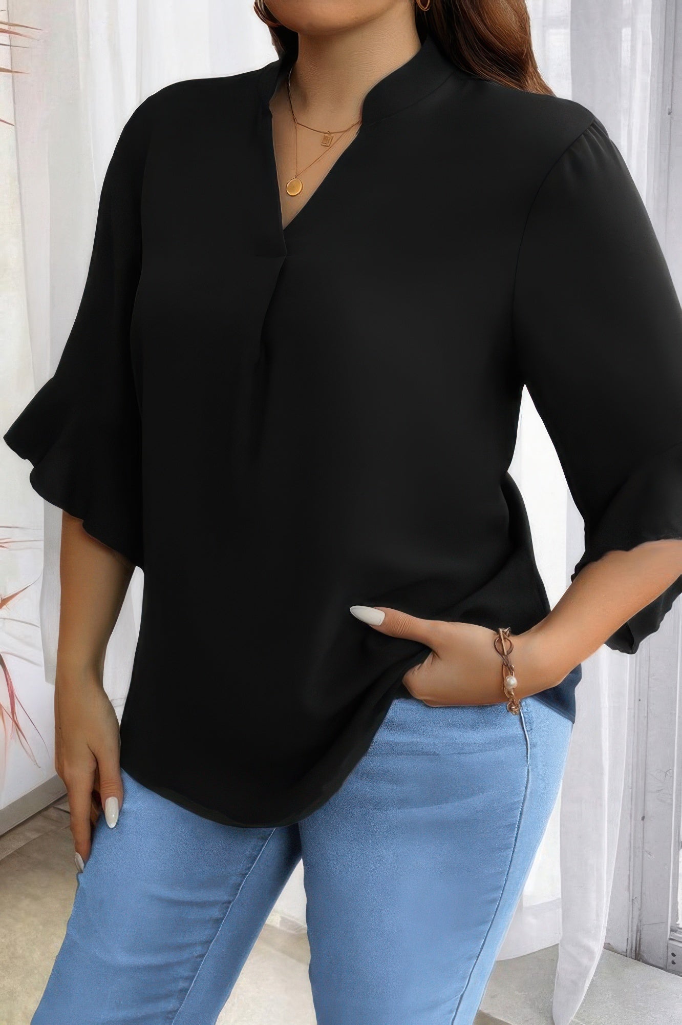 Plus V Neck Ruffle Half Sleeves Loose Blouse