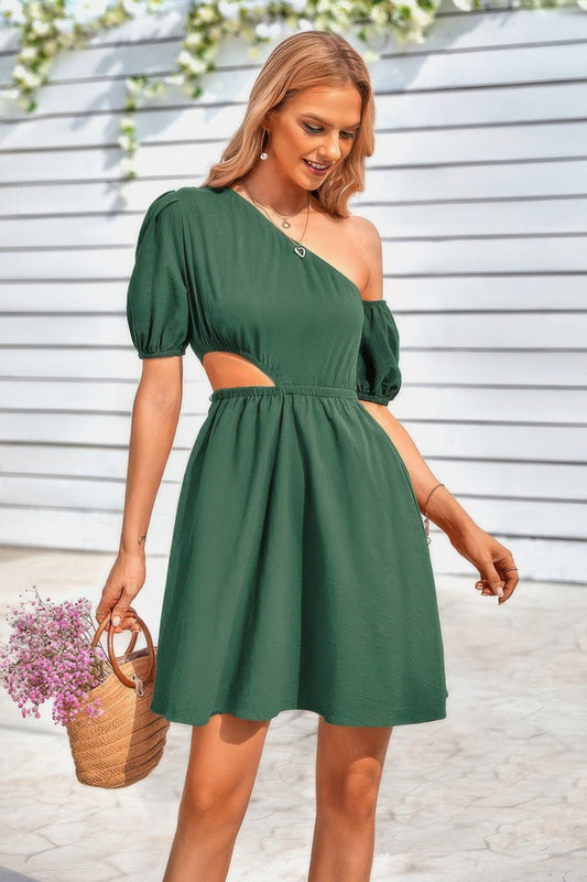One Shoulder Puff Sleeve A Line Dress