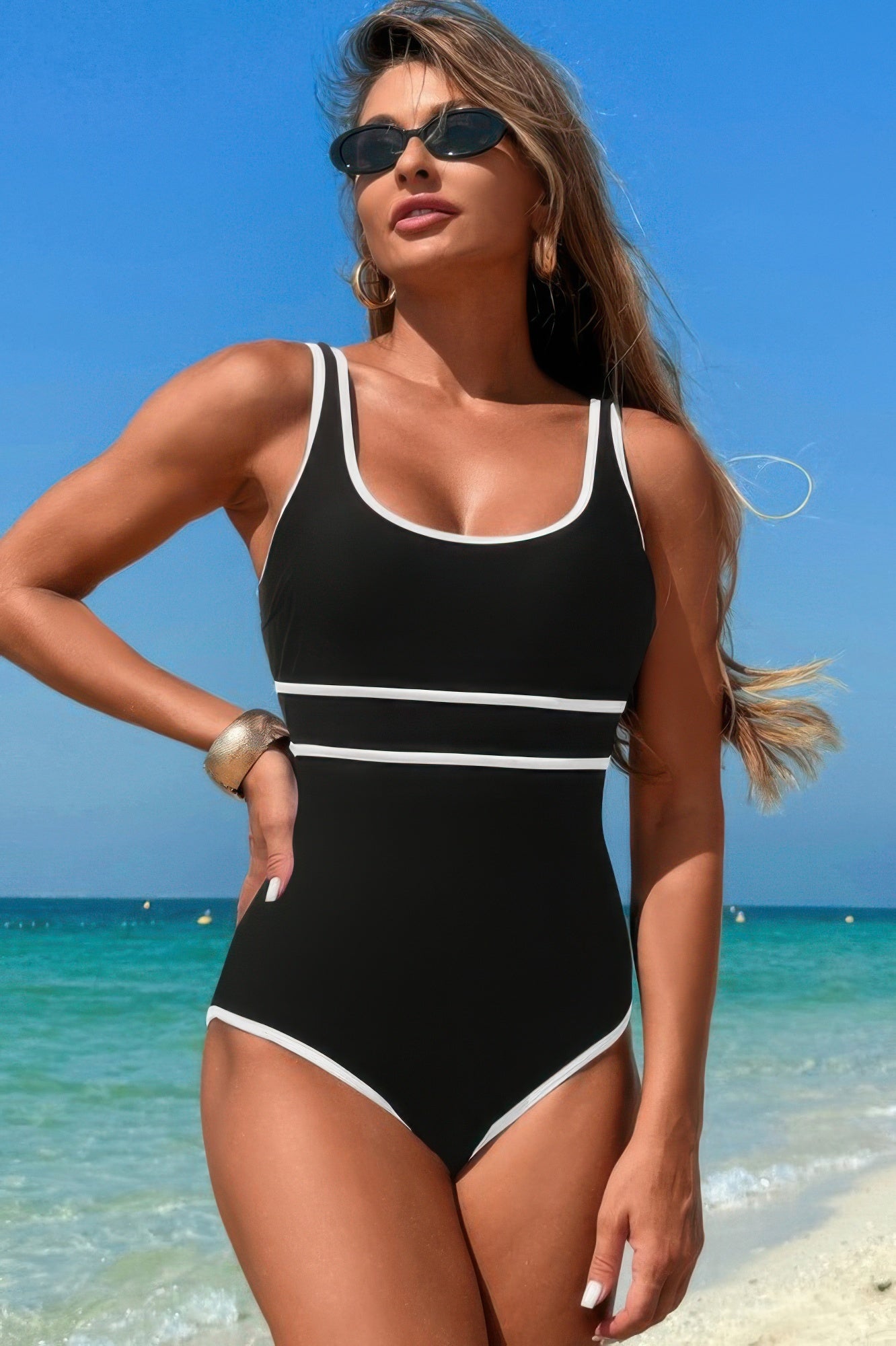 U Neck Contrast Trim Strip One Piece Swimsuit