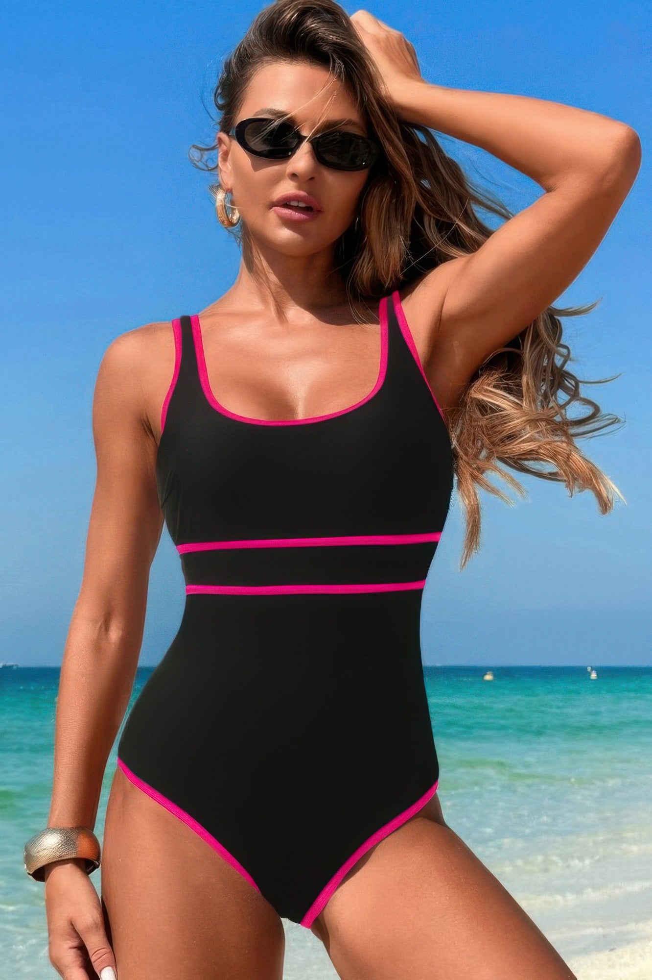 U Neck Contrast Trim Strip One Piece Swimsuit