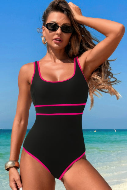 U Neck Contrast Trim Strip One Piece Swimsuit