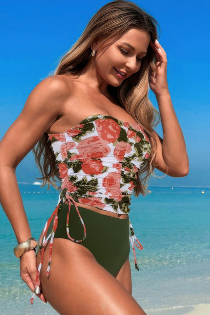 Strapless Ruche Drawstring Side Two Piece Swimsuit