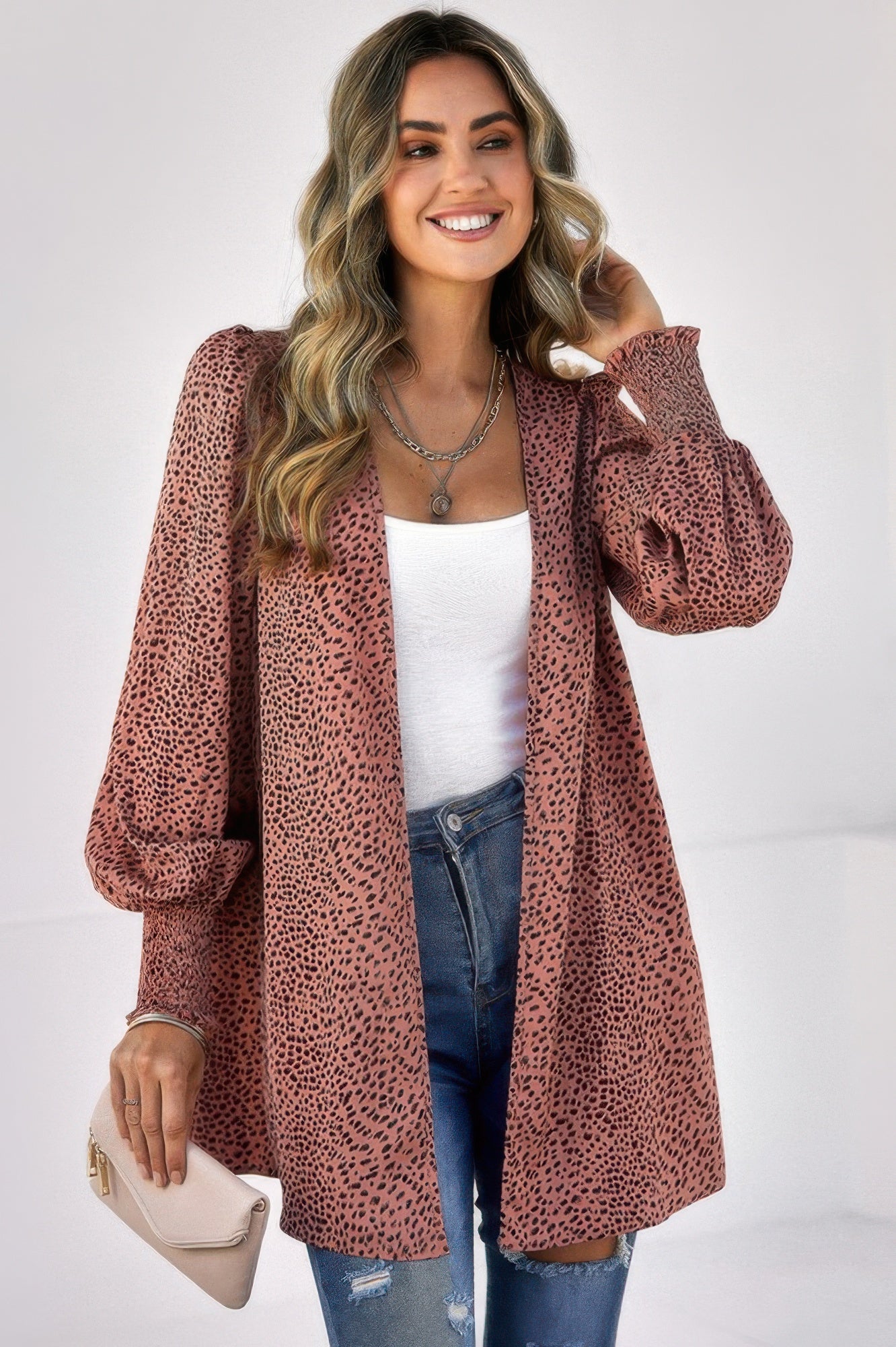Front Open Leopard Print Loose Fit Top
