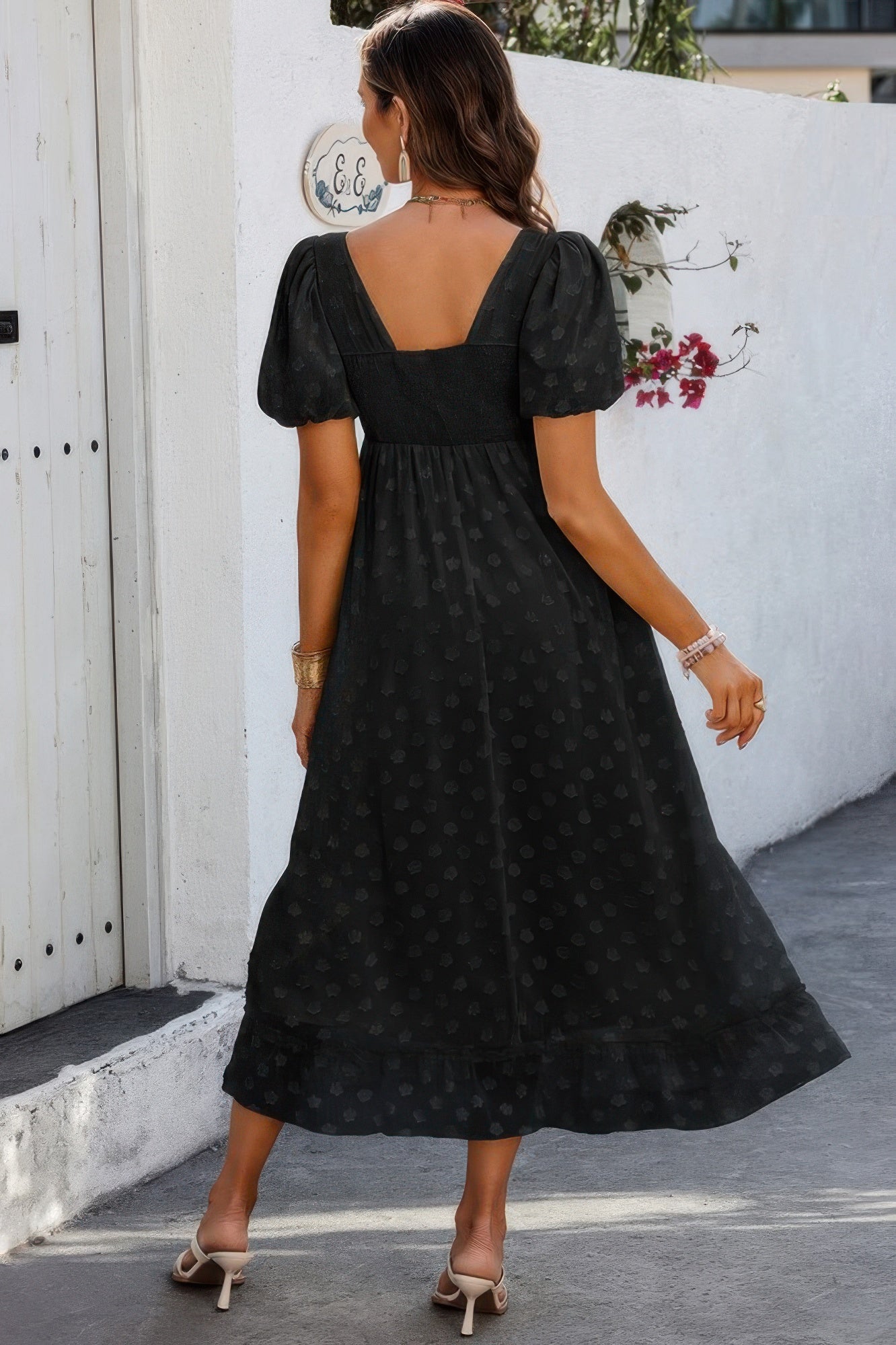 Square Neck Swiss Dot Ruffle Puff Sleeves Dress