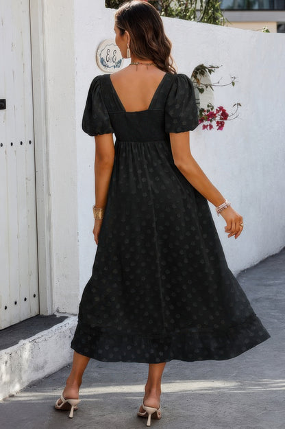 Square Neck Swiss Dot Ruffle Puff Sleeves Dress