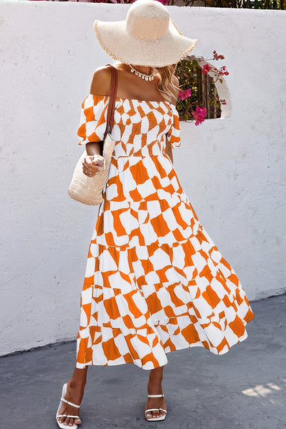 Allover Print Off Shoulder Ruched Ruffle Dress