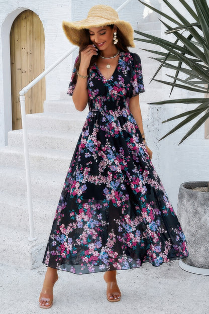 Boho Floral Print High Waist Band Fit Lined Dress