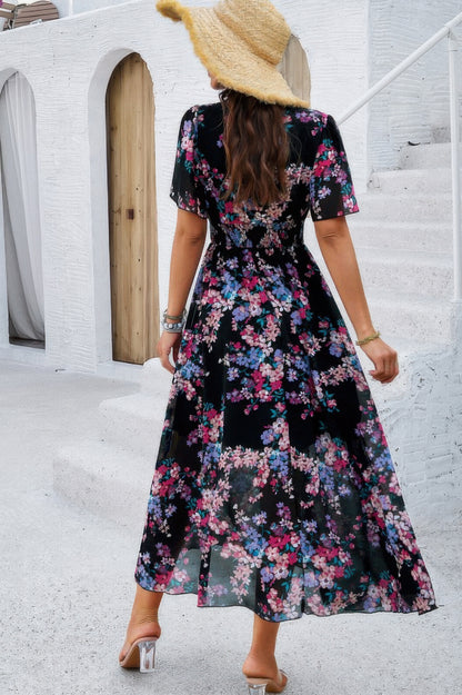 Boho Floral Print High Waist Band Fit Lined Dress
