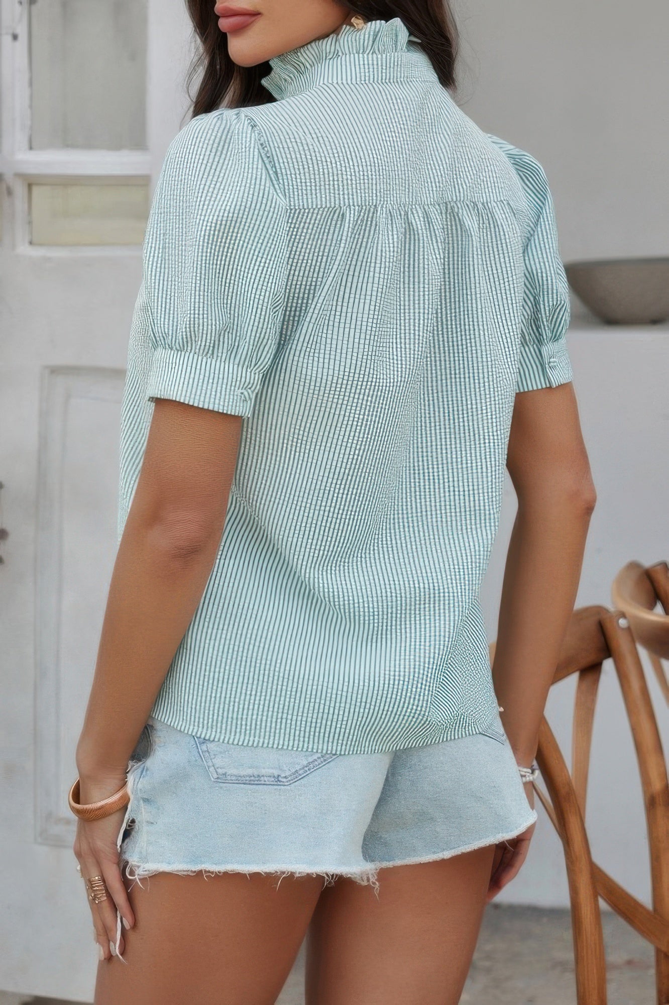 Stripe Button Down Ruffled Front Trim Shirt