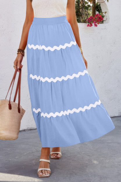 Waves Print Pleated Elastic Waist Band Skirt