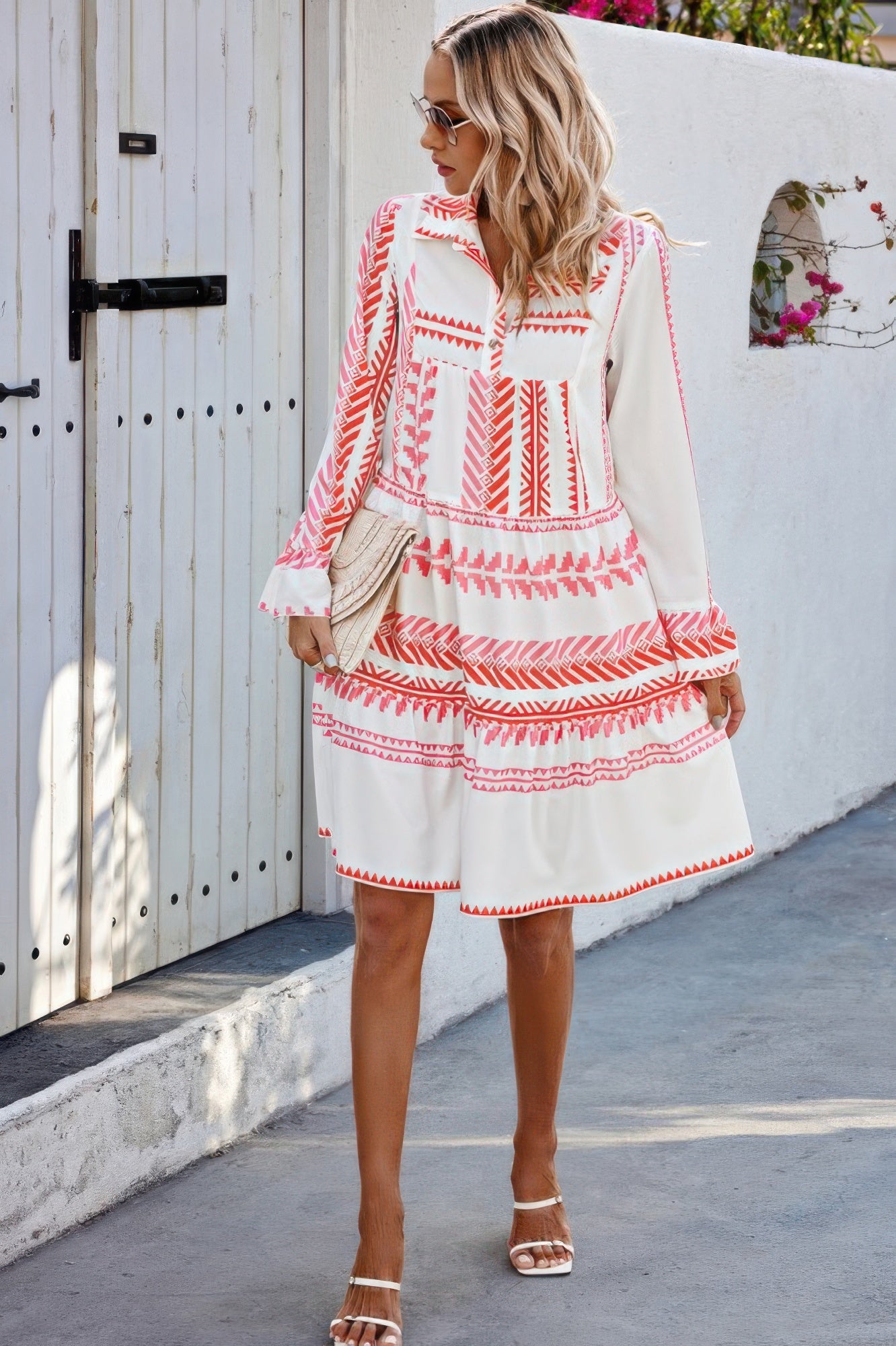 Geometric Printed Bell Ruffle Sleeve Button Dress