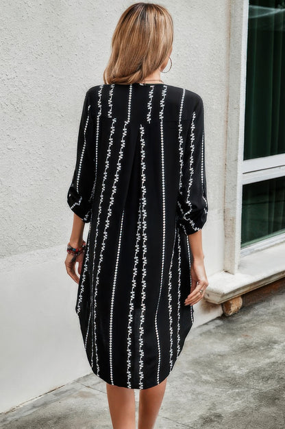 Graphic Strip Color Clock Loose Fit V Neck Dress