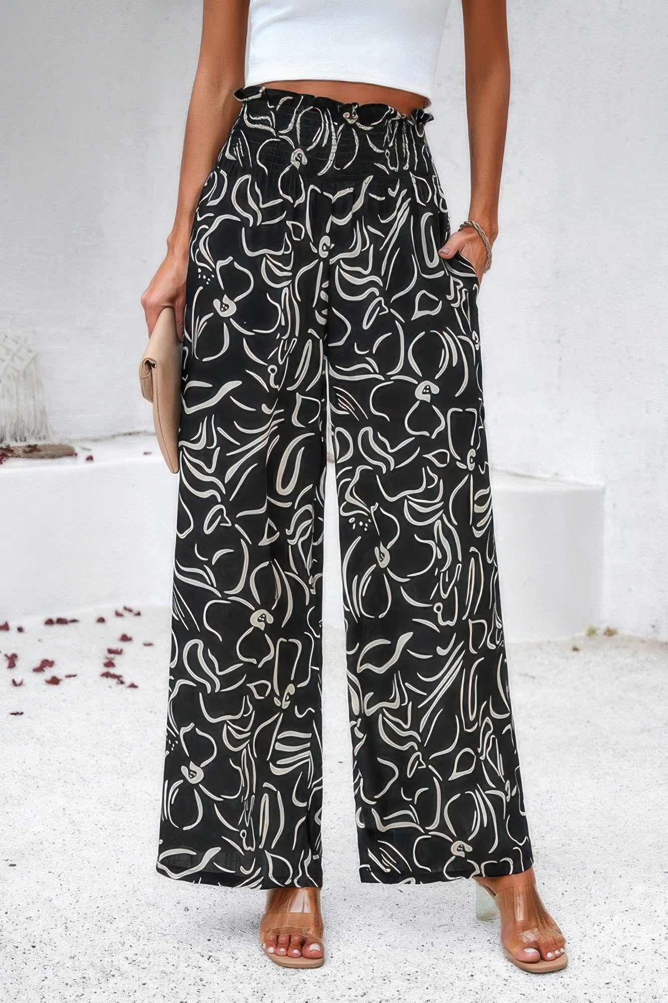 Allover Print Pockets Elastic Band Belt Pant
