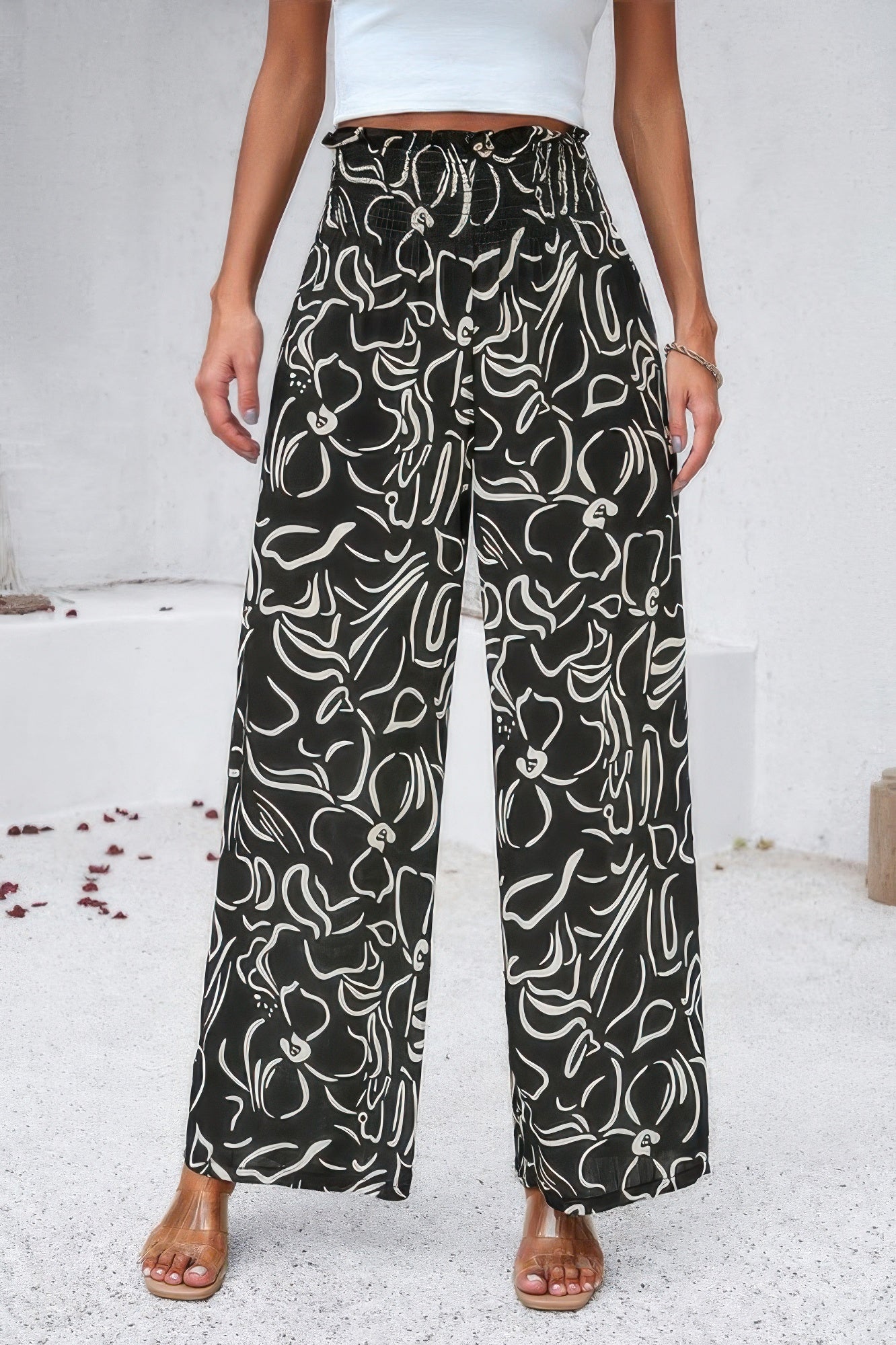 Allover Print Pockets Elastic Band Belt Pant