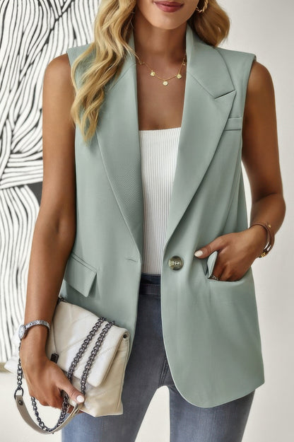 Sleeveless Solid Pockerts Button Front Open Suit