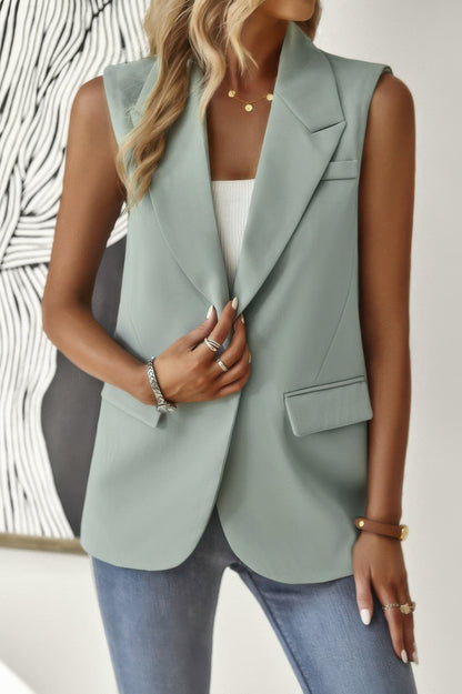 Sleeveless Solid Pockerts Button Front Open Suit