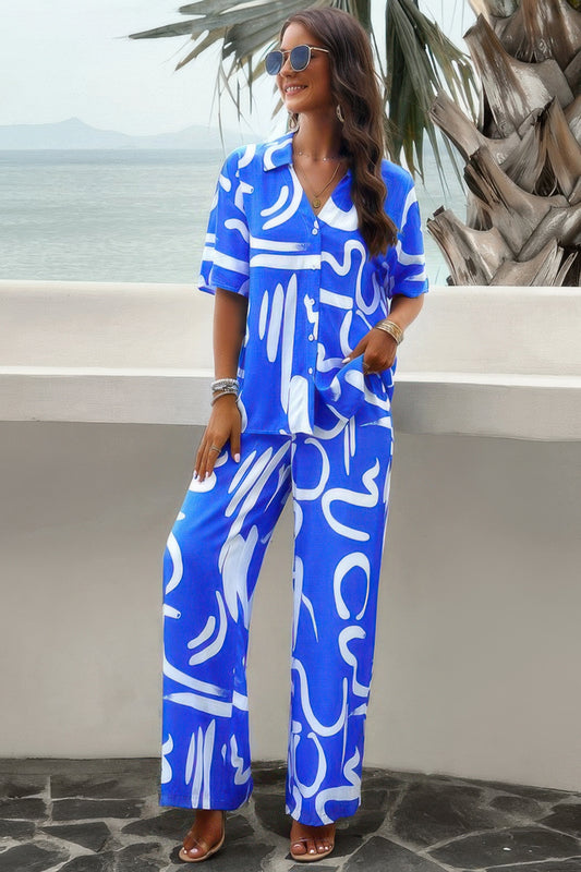 Print Front Button Two Pieces Blouse Sets