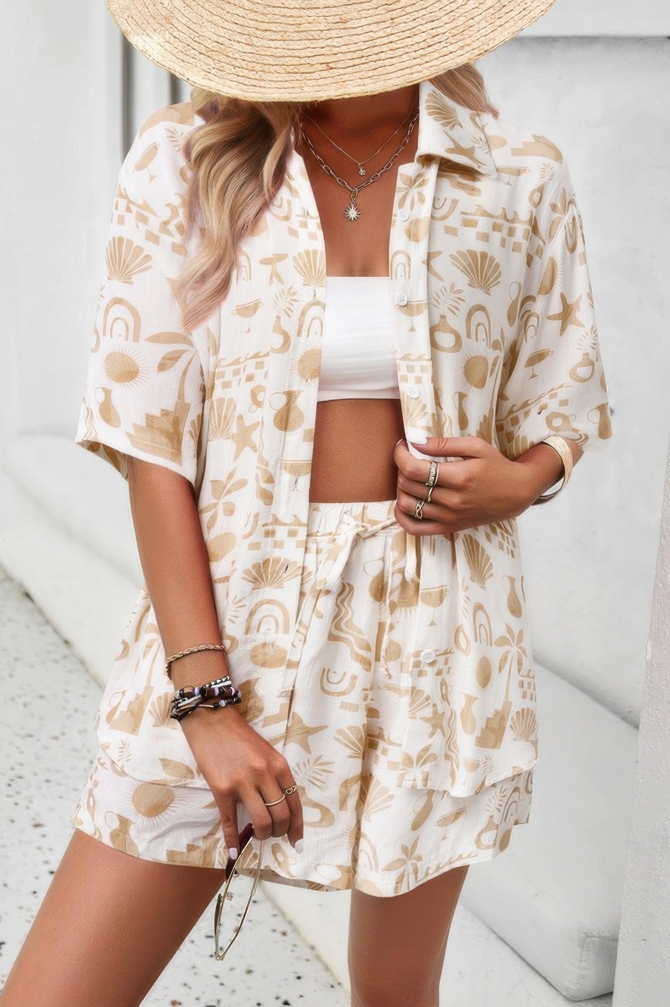 Allover Print Elastic Shorts Two Pieces Button Set