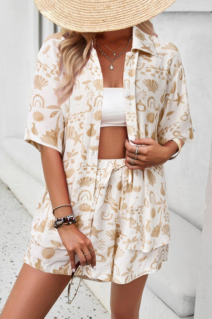 Allover Print Elastic Shorts Two Pieces Button Set
