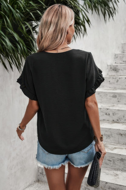 Solid Button V Neck Ruffle Sleeves Blouse