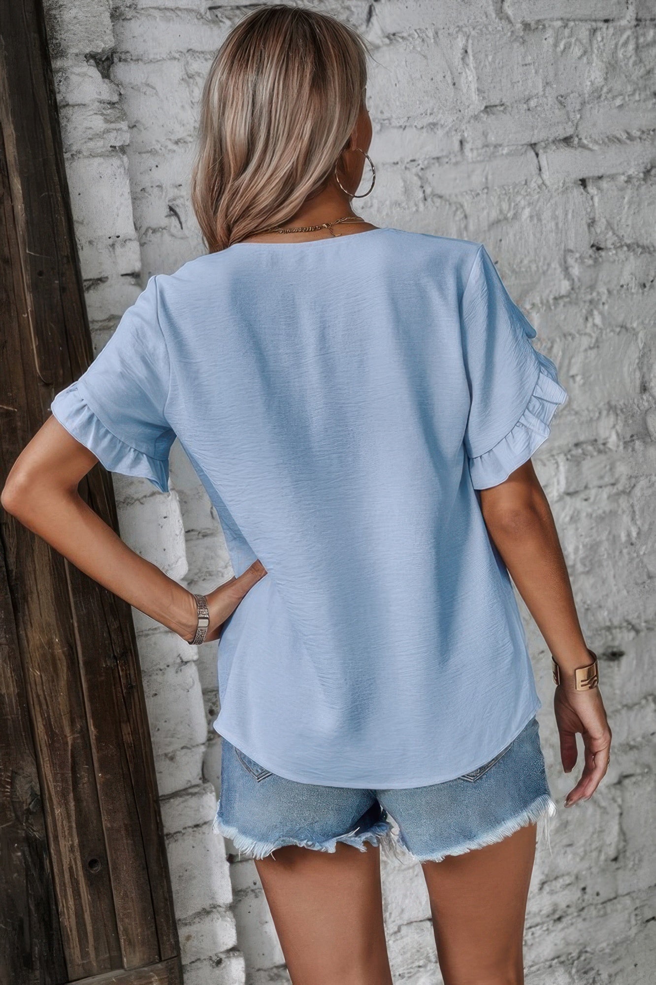 Solid Button V Neck Ruffle Sleeves Blouse