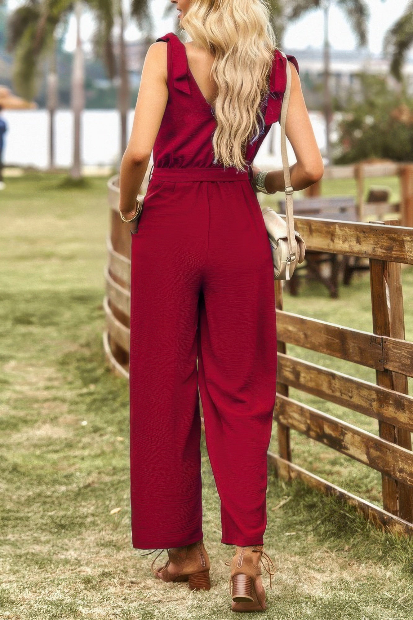 Solid V Neck Knot Shoulder Sleeveless Ruched Belt