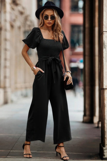 Solid Fit Square Neck Smocked Jumpsuit