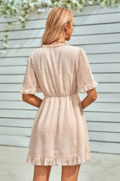 Swiss Dot Frill Trim Puff Sleeve Surplice Dress
