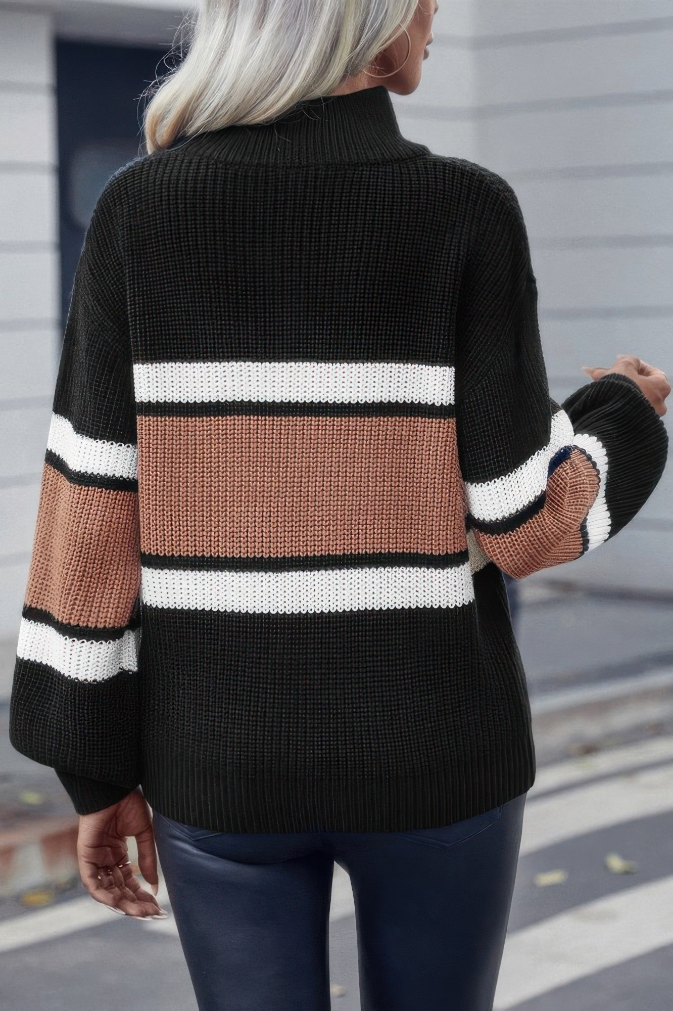 Half Zipper Strip Knit Loose Fit Sweater