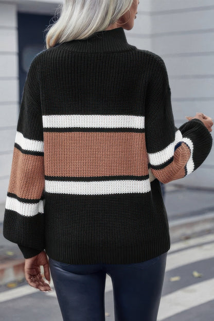 Half Zipper Strip Knit Loose Fit Sweater