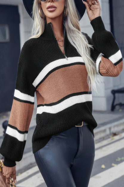 Half Zipper Strip Knit Loose Fit Sweater