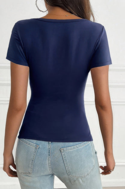 V Neck Solid Lace Splicing Button Fitted Shirt