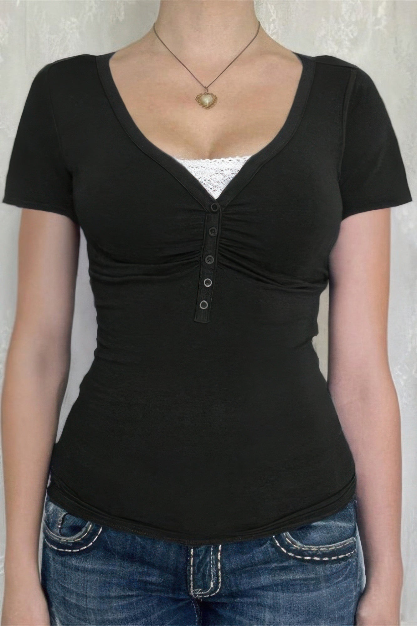 V Neck Solid Lace Splicing Button Fitted Shirt
