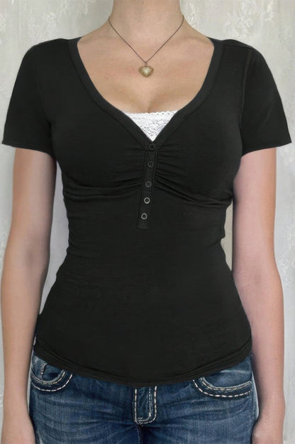 V Neck Solid Lace Splicing Button Fitted Shirt