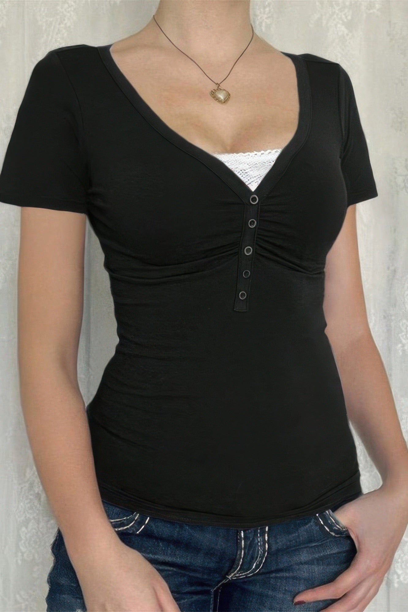 V Neck Solid Lace Splicing Button Fitted Shirt